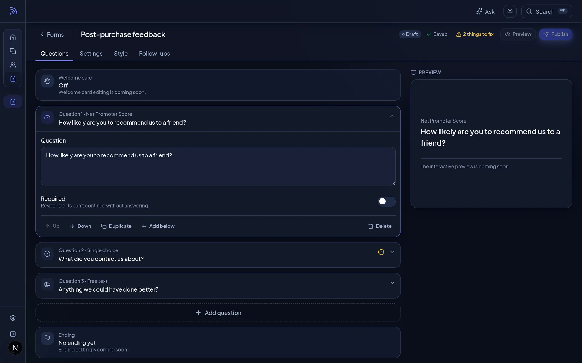 The Forms builder with a Net Promoter Score question open and a live preview beside it