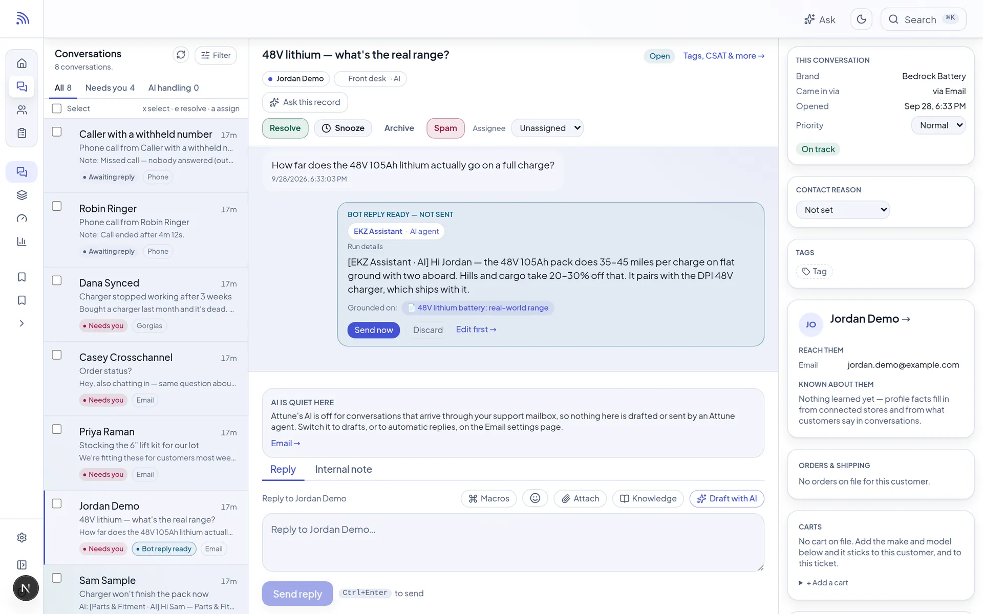 Threads: the conversation list, an AI agent's draft reply citing a knowledge article, and the customer's details in a side rail